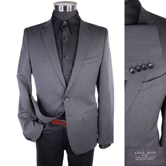 Zara Bazer Mens Sz 36 Solid Gray 2 Button Sport Coat Jacket Blazer Wool Blend - Picture 1 of 14
